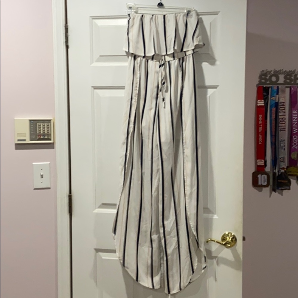 Off shoulder, wide leg pant/skort.